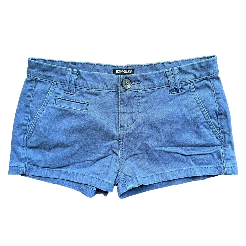 Express Chino Shorts Women's Size 00 Flat Front Cotton Stretch Blue Low Rise
